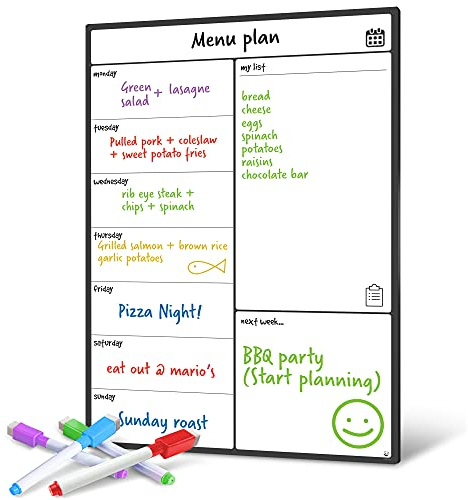 Smart Panda A4 Magnetic Whiteboard Fridge Calendar - Meal Planner and Shopping List White Board - Memo Board and Family Planner Notice Board - Weekly
