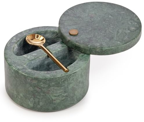 EHC Salt & Pepper Holder, Spice & Herbs Container, Marble Pinch Pot with Swivel Magnetic Lid and Serving Spoon, Salt Celler for Dining Table, Spice Storage Bowl with Compartment, Spice Bath, Green