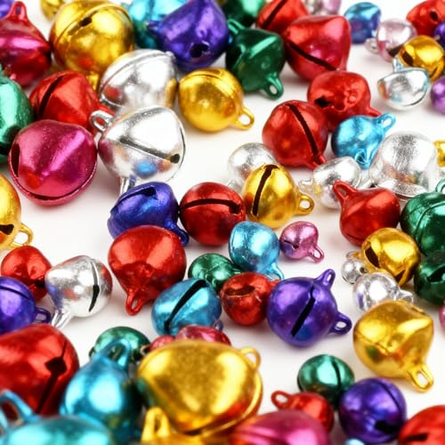 400pcs Craft Jingle Bells, ZODKSNO 5 Sizes Metal Craft Sleigh Bells for DIY Crafts Christmas Party Deco (Multicolor)