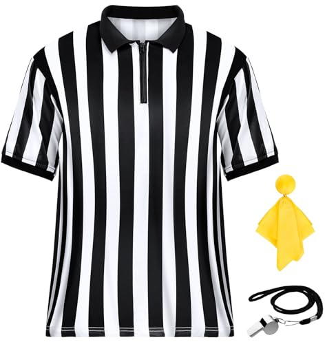 Men's Referee Costume Kit with Striped Shirt, Whistle and Penalty Flag