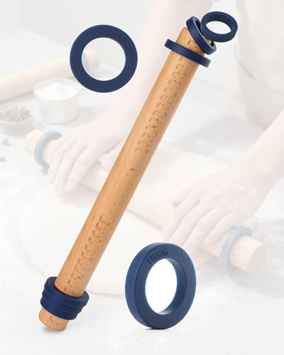 Acual Rodillo de Cocina Ajustable Madera de Haya Natural, Rodillo para Amasar con 4 Pares de Anillos de Grosor, Accesorio de Repostería Profesional para Pizza, Pastelería, Galletas y Masas - 40cm