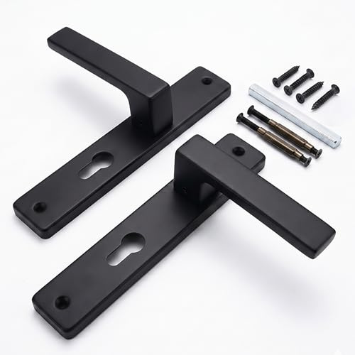 Relaxdays Poignées pour porte intérieure, noir mat | set avec cylindre profilé, ressort, 23,5x13,5 cm, plaque longue