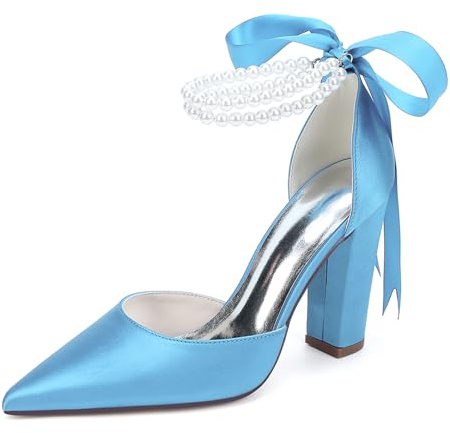 HFWXYSA Escarpins Mariage Femme Satin Chaussures Mariée Bout Fermé Bride Cheville Perle Talon Bloc Soirée Cérémonie,Sky Blue,38 EU