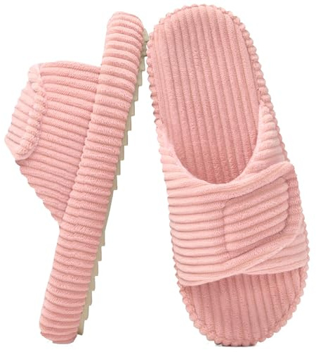 Misolin Chaussons Femme Confortable Velour Côtelé Mousse Mémoire Pantoufles | Réglable Bout Ouvert Slippers, Maison Chaussures, Antidérapantes, Intérieur Extérieur