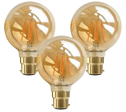 paul russells LED Filament G80 Light Bayonet Cap B22, 35w Equivalent Replacement Antique Bulb, BC 4.5W 400LM LED 2200K Amber Bulbs, Decorative Ceiling Fittings Energy Saving Lightbulbs, Pack of 3