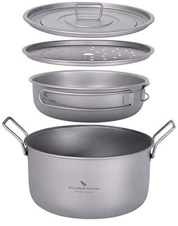 iBasingo Titanium Steamer Soup Pot Juego de sartenes con tapa 1900ml y 900ml Juego de utensilios de cocina para acampar Wok para interiores al aire libre Bandeja de té Cacerola Kit de desorden ligero