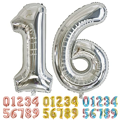 Ponmoo Foil Balloon Number 16/61 Silver, Giant Numbers 0 1 2 3 4 5 6 7 8 9 10-19 20-29 30-39 40-49 50-60-70-80-90-100, Large Balloons for Wedding Anniversary Birthday Party Decoration