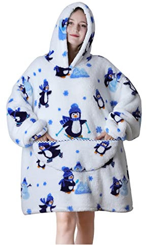 Queenshin Impresión de Pingüino Sudadera Manta con Capucha y Bolsillo Mujer Hombre Regalo, Oversize Batamanta Hoodie Poncho Sherpa Suave y Acogedora, Talla Única