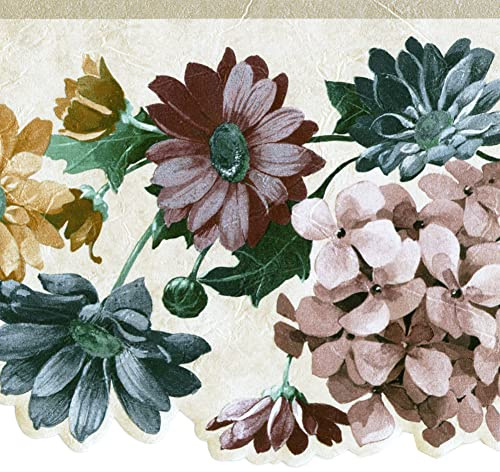 CONCORD WALLCOVERINGS ™ Wallpaper Border Vintage Floral Pattern Flowers Leaves, Die Cut Edge for Cottage Farmhouse Living Room Bedroom, Beige Pink Green Blue, 15 ft by 7 in SA75752DW