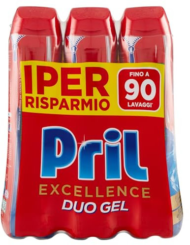 Pril Excellence Duo Gel, Detersivo lavastoviglie Gel, Azione Sciogligrasso, Formato da 3 Confezioni da 30 Lavaggi, totale 90 lavaggi