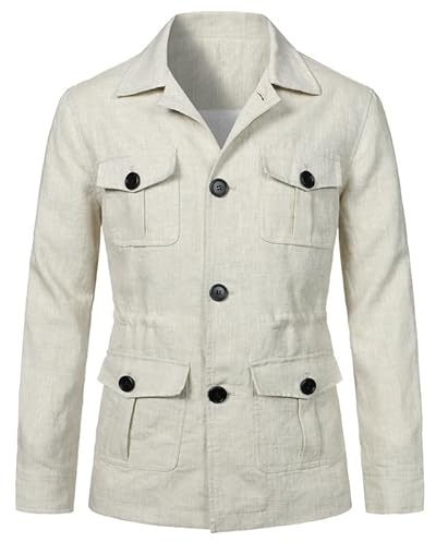 Blazer Safari pour Homme à Manches Longues en Lin Veste Safari pour Homme Slim Fit Safari Vêtements d'extérieur légers
