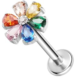 ZS ASTM F136 - Piercing de titanio 16G de 8 mm para labio, labret, caracola, tragus, hélice, lóbulo de la oreja, hipoalergénico con rosca interna y parte trasera plana, Titanio, Circonia cúbica