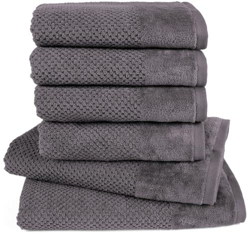 Pure Label 6-TLG. Handtücher Set mit Aufhängeschlaufen aus 100% Baumwolle, saugstark, weich und Oeko-TEX Zertifiziert - 2X Badetuch (70x140 cm) 4X Handtuch (50x100cm), Anthrazit - Grau