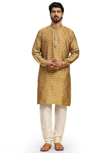SKAVIJ Broderie Kurta Pyjama et Echarpe Tenue Indienne Homme (Marron, S)