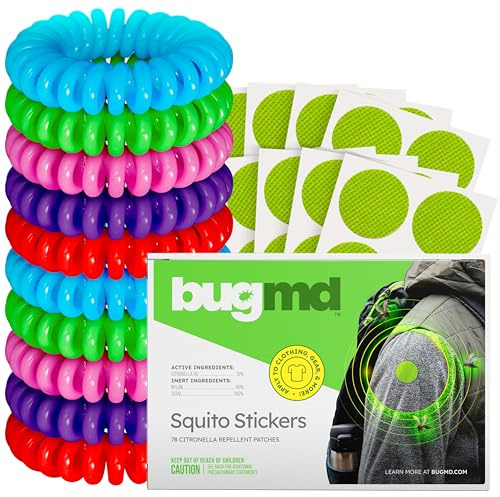 BugMD Mosquito Repellent Bundle: 78 Safe & Effective Squito Stickers and 10 DEET-Free Citronella Bracelets for Kids & Adults - Perfect for Camping, Beach, Hiking & Outdoor Adventures