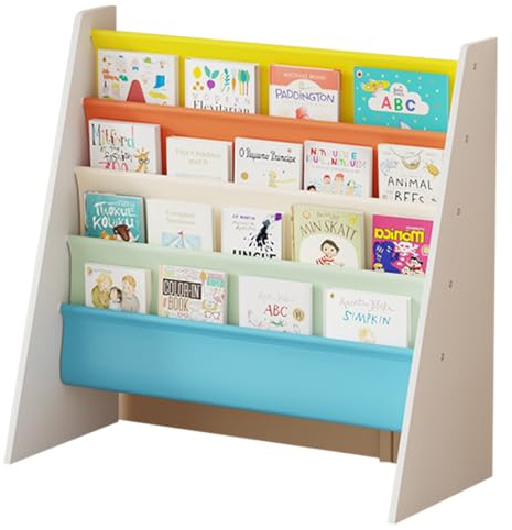 Rainbow Tree 4-Tier Children Sling Book Rack Bookshelf Wooden, Easy-to-Reach Storage for Books, Kids Book Rack Storage Bookshelf with Deep Sleeves, Ideal for Playrooms & Homeschooling
