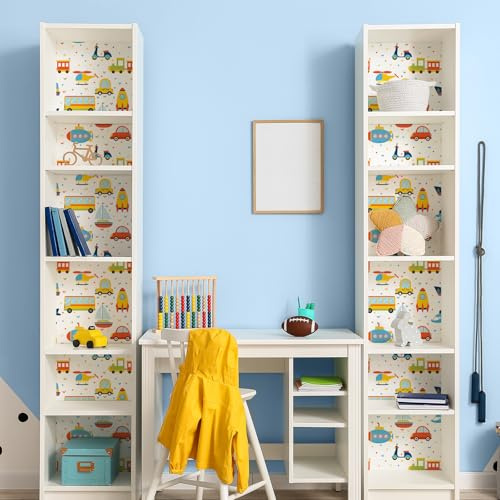VaryFloral Cartoon Transports Self Adhesive Wallpaper 30.5cmx300cm White Contact Paper Cute Childish Vinyl Wrap Car Train Boys Thickened Texture Teenager Wallpaper for Cabinet Wall Decor