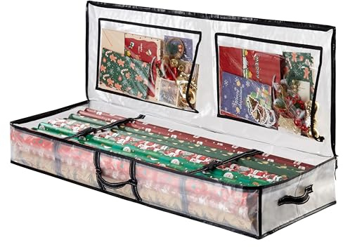 VENO Sac de Rangement pour Papier Cadeau Transparente – Sacs et Fournitures de Noël ou Anniversaire, Rangement Sous Lit avec Poches Intérieures, 102 cm de Long, Peut Contenir 24 Rouleaux