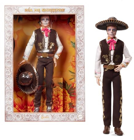 Barbie Signature Poupée Ken Día De Muertos avec chemise couleur crème, gilet et pantalon noirs, sombrero et maquillage calavera, JBJ06