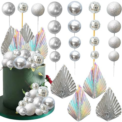 Gyufise 32Pcs Disco Balls Cake Toppers Palm Leaves Cake Decorations DIY Foam Balls Paper Palm Leaf Cake Insert Toppers Decorations for Birthday Wedding Party Decorations Silver