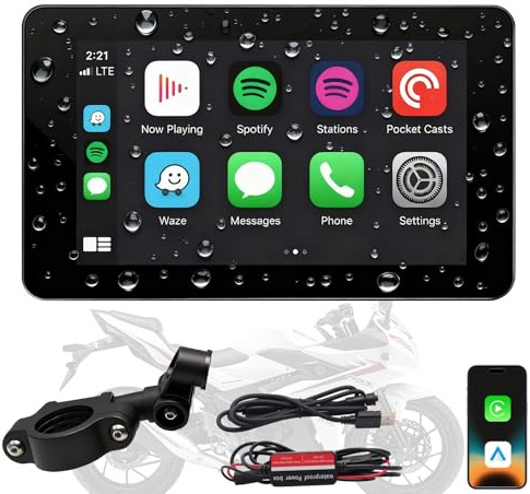 7JI Radio Portátil Inalámbrica Carplay Bluetooth para Moto,Pantalla Táctil de 5 60 FPS,Android Auto/Huawei HiCar, Monitor Portátil con Siri/Google,IP67 Resistente al Agua, Batería de Botón de 5 V.