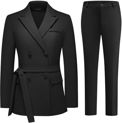 Lamgool Women Double Breasted Suit with Belt Business Casual 2 Pcs Blazer Jacket with Pants Set (Black, XXL)