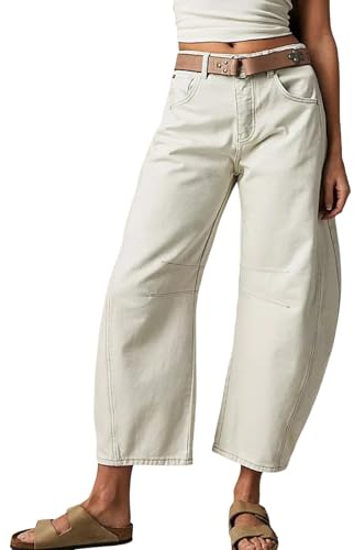 Jeans da donna con gamba larga, stile baggy, a vita media, pantaloni a palloncino in denim vintage, Boyfriend Y2K, streetwear casual, pantaloni caldi per il tempo libero, bianco, M