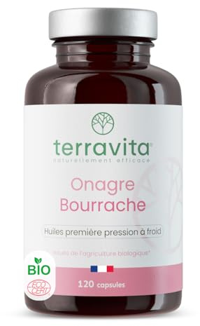 ONAGRE et BOURRACHE | Huiles BIO Première Pression à Froid | 120 Capsules de 500 mg | Hydratation de la Peau en Profondeur | Régulation du Système Hormonal | Label Ecocert | Made in France | Terravita
