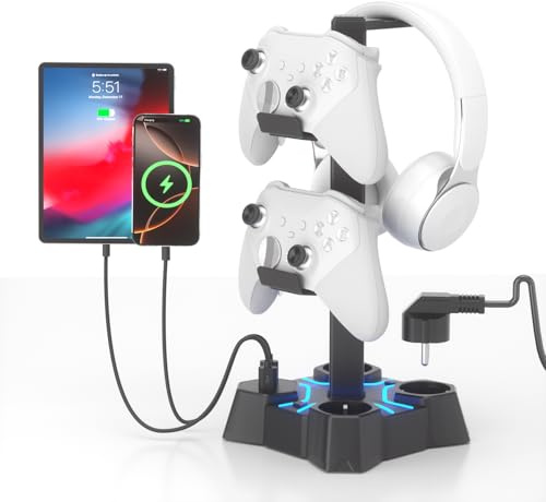KDD Soporte Auriculares Gaming LED con Cargador USB, Soporte Mando PS5 & Soporte Cascos con 2 Puertos USB & 3 Enchufes UE, Porta Auriculares Mesa y Mando para Escritorio Gamer Accesorios Gaming PC