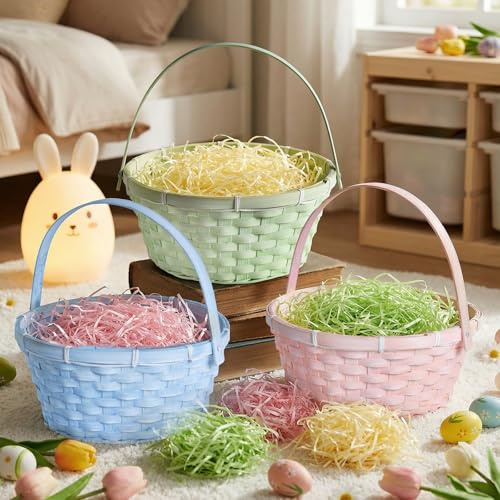 Lanpn Set 3 Cestini Pasqua in bambù Naturale con Paglia Pasquale in Rafia, Cestini per Caccia alle Uova, Dolci, Picnic e Decorazioni Primavera Pastello (Rosa, Blu, Verde)
