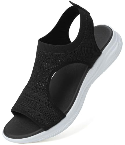 HODTOB Women's Walking Sandals Washable Slingback Orthopedic Slide Sport Sandals Thick Bottom Fish Mouth Sandals Comfy Sports Knit Mesh Platform Soft Sole Sandals