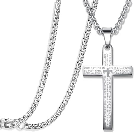 Silver deer【Hypoallergenic & lightweight Cross Necklace【does not rust or discolour】 for Women or Men Stainless Steel Pendant Lord's Prayer Bible Verse【2in DIY extension】 Chain 22 Inch (silver)