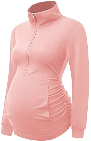 DEBELLY Maternity Casual Activewear Women Long Sleeve Sweatshirt Comfy Pregnancy Half Zip Tops with Stand Collar,Kangaroo Pocket,Pink,XL