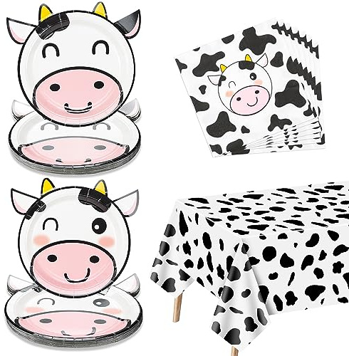PIXHOTUL 61 piezas de suministros para fiesta con estampado de vaca, 40 platos de fiesta, 20 servilletas, cumpleaños de niña y niño, fiesta temática de animales de granja, sirve 20