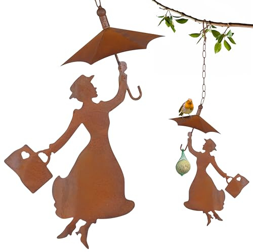 Storm's Gartenzaubereien Mangeoire pour oiseaux - Porte-boules de graisse avec toit à suspendre - Femme avec parapluie patiné - 36 cm