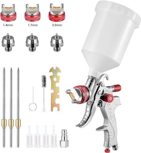 Rouwthio Paint Spray Gun,600ml HVLP Gravity Feed Spray Gun,Air Spray Gun Adjustable Air Flow with 1.4MM 1.7MM 2.0MM Nozzle 600CC Cup Pro Painting Tool for Car Furniture Primer Color, Surface Painting