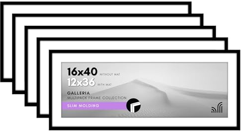 Americanflat 16x40 Picture Frame with Polished Plexiglass - Set of 5 - Use as 12x36 Frame with Mat or Display 16x40 Photo Without Mat - Galleria Collection - Picture Frames for Wall Display - Black