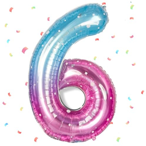 Rosa Blau Luftballon 6 - 40 Zoll Folienballon, 101cm Zahlenballon, Helium Ballon für 6. Geburtstag - Deko für Mädchen und Jungen
