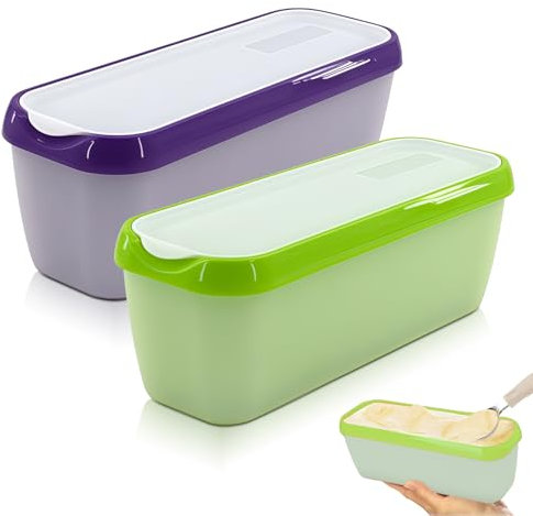 LEKEFETO Lot de 2 bacs à glace, 1,5 l, en polypropylène, réutilisables, avec couvercle, 28 x 10 x 9,5 cm, cyan et violet