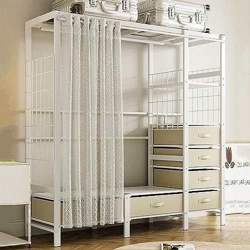 Clothes Rack Wardrobe Closet with Curtain for Hanging Clothes Heavy Duty Garment Rack, Large Closet System Organizers Walk-in Closet for Bedroom, 4 Open Shelves & 6 Drawers, White