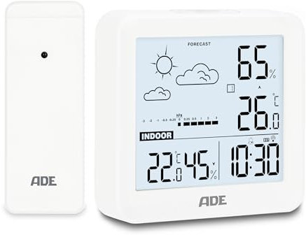 ADE Piccola stazione meteorologica digitale con sensore esterno e previsioni meteo | temperatura interna ed esterna | Umidità | Orologio radio con sveglia | batterie incluse | Bianco