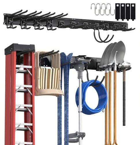 3-H Portautensili per garage, 160 cm, regolabili, 11 ganci da parete per garage e 4 ganci a S, per attrezzi da giardino, per cantina, attrezzature da sci, scopa, rastrello, nero