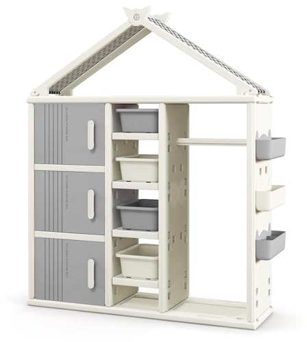RELAX4LIFE Armadio Guardaroba per Bambini con Barra Appendiabiti, 4 Scatole Portaoggetti, 3 Scomparti, Organizzatore per Camera dei Giochi, Cameretta per Bambini 3+ Anni, 34 x 130 x 156 cm (Grigio)