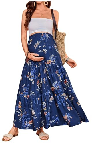 MakeMeChic Women's Maternity Skirt Floral High Waist Elastic Ruffle Flowy Long Skirt Maxi Boho Skirts Blue Large