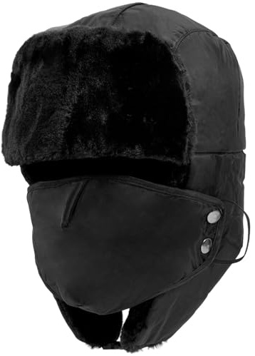 Zouwel Mens Hats and Caps, Ushanka Hat with Ear Flaps and Mask, Faux Fur Winter Warmer Windproof Bomber Hat for Skating, Skiing or Daily Use, Winter Hats for Men Women Black