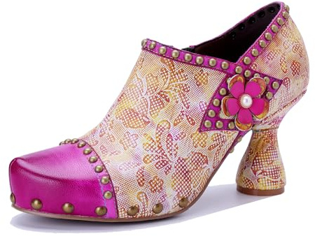 Läderpumpar, kvinnor färgglada vintage blockklack pumps Oxfordskor snörning Mary Jane-skor mitten kattunge häl halkskydd bröllop fest skor sommar vinter ankelstövel, Rosa, 39 EU