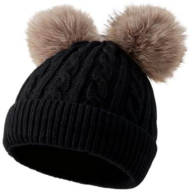 Mzbnfa Winter Hats for Women - Wooly Hats with Bobble, Double Pom Pom Bobble Hat, One Size Fit for Cold Weather, Warm Knit Beanie (Black)