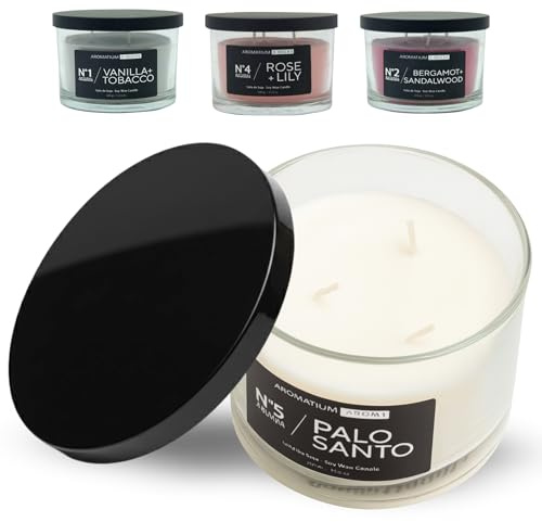 Vela aromática de soja natural Palo Santo 300g | 3 mechas | Vela decorativa con tapa metálica negra | Duración 35h | Vela perfumada relajante AROMATIUM