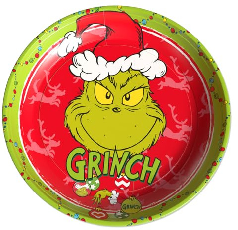 The Grinch Assiette de Noël rouge Ø 26 cm en tôle de fer robuste – Assiette à biscuits humoristique pour biscuits, pâtisseries et bonbons – Décoration de Noël Assiette de service pour la période de