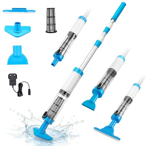 TLPEMN Potente Aspirapolvere Piscina, Aspiratore Piscina Ricaricabile, Aspirapolvere a Mano con Asta Telescopica 103,5–162,5 cm, Forte Aspirazione e 3 Testine per Piscine Interrate Fuori Terra, Spa